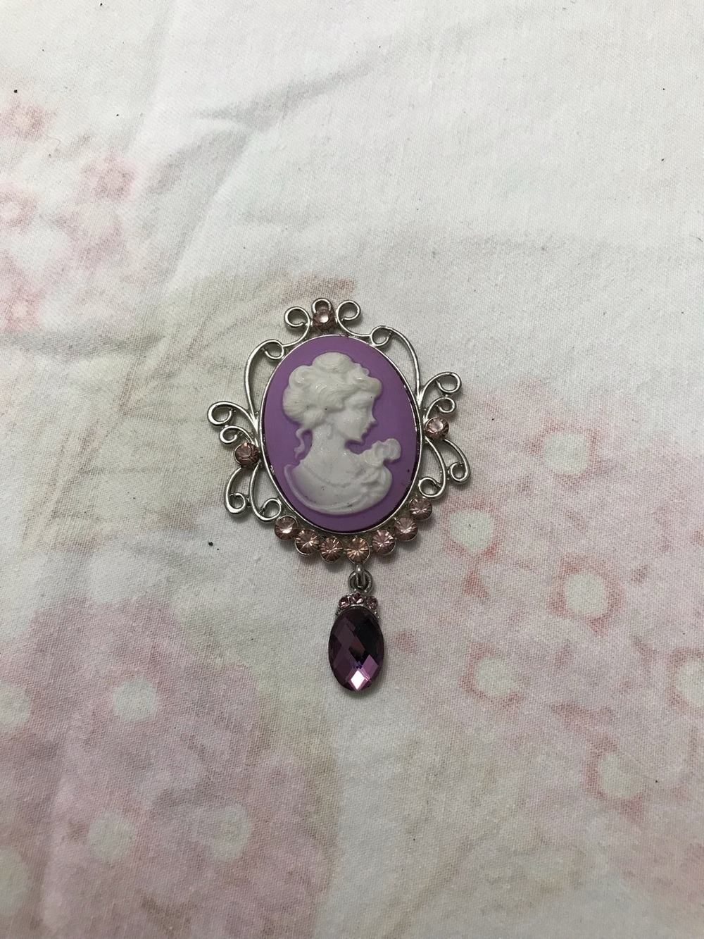 Silver Tone Purple Lilac Acrylic Cameo Pendant Dangling Rhinestone